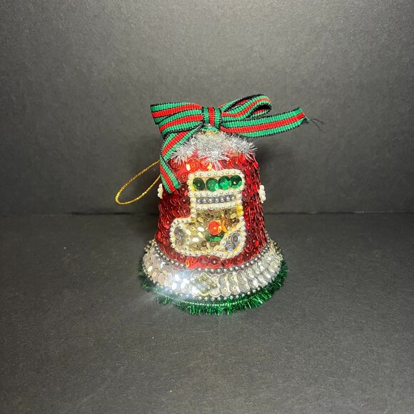 Vintage Red Green Silver Sparkly Sequin Stocking Bell Christmas Tree Ornament 4" - Picture 1 of 6